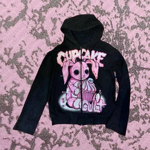 Y2K Zipper Retro Couple Hip Hop Hoodies Sweatshirt Loose Ove
