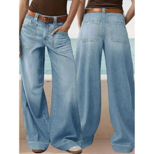 Mom Jeans Distressed Leg Mid Trousers Pants Denim Wide Women