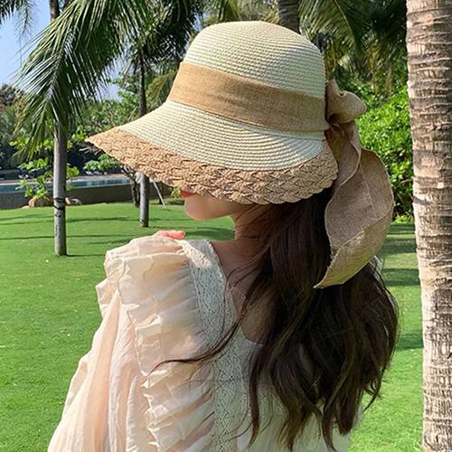 Women Wide Brim Straw Hat Lace Edge Design Beach Caps with B