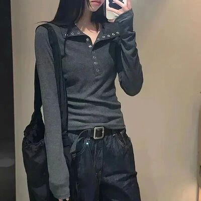 Y2K High Street Women Sweaters New Gray White Button Up Bott