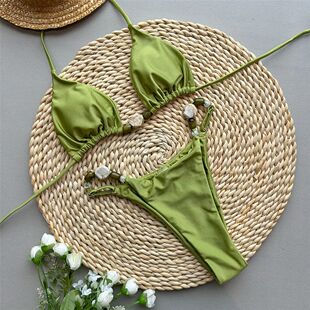 Solid Green Swimwears Sexy Halter Triangle Bead String Bikin