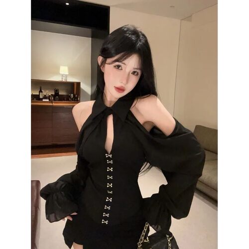 Slim Fit Long Sve Bla irt oulder Bared Button Hollow out Str