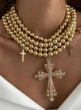 Salircon Exaggerated Inlaid Rhinestone Big Cross Pendant Nec