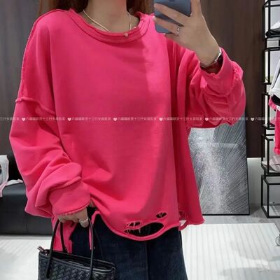 Loose Korean Style Fashionable Round Neck Casual Ripped Long