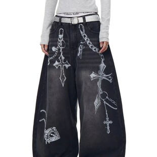 Casual Leg Cross Wide Print Loose Jeans Men Retro American