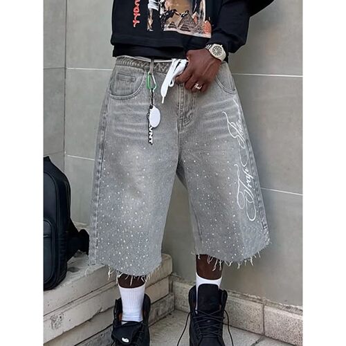 Men s Stylish Knee-Length Denim Shorts with Embroidered Logo