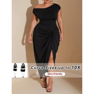 Dress and Off Slit Side with Midi Draped Shoulder Size Plus