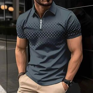 Shirt Plaid Summer Short Polo Zip Men Print
