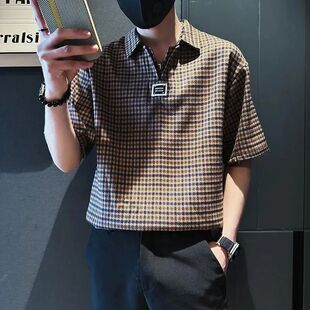 Zip Short Shirt Collar Polo Plaid Sleeve Casual Men Half