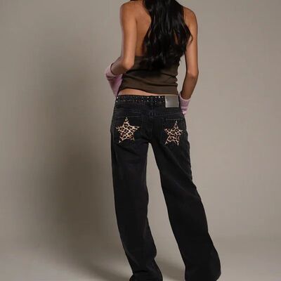 Leopard Star Jeans Y2K Women New Fashion High Waist Zipper S