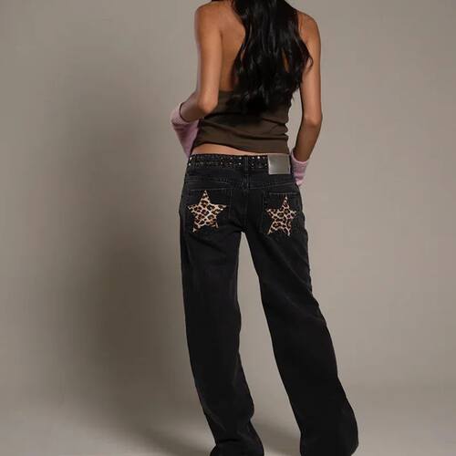 Leopard Star Jeans Y2K Women New Fashion High Waist Zipper S
