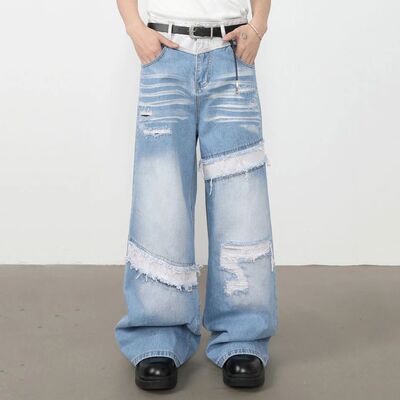 Men Ripped Baggy Jeans Loose Straight Denim Pants Streetwear
