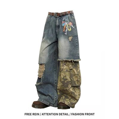 ZHIZOU Women Blue Gothic Baggy Y2k Jeans American Camouflage