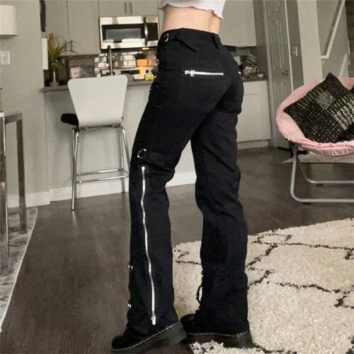 Retro Straight Women Jeans Aesthetic Dark Goth Pants Academi