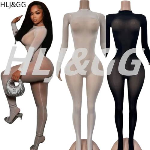 HLJ&GG Sexy Mesh See Through Bodycon One Piece Jumpsuits Wom