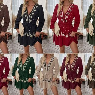 sleeved Dress neck style Long Deep Vintage Printed