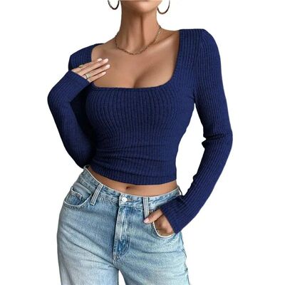 CYL-Women Long Sleeve Shirts Square Neck Tops Basic Teen Gir