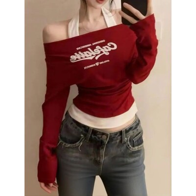 Fake Two Piece Boat Neck T Shirt Woman Off Shoulder Slim Fit