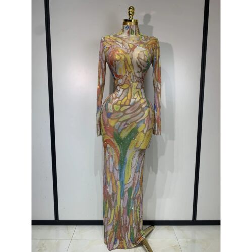 Sparkly Rhinestone Stretchy Mesh See Through Dress Women Per