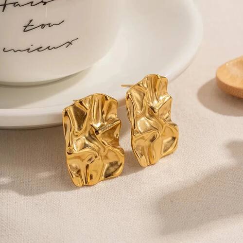 Square Fold Textured Large Stud Earrings Gold Color Fashion