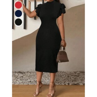 Ruffle Sleeve for Size Wom Dress Turtleneck Midi Plus Fitted