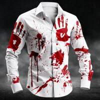 2025 Halloween Men's Letter Printed Blood Stains Shirt Butto thumbnail 6