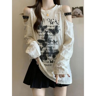 Y2k Ripped Hole Off Shoulder Oversize T Shirt Women Vintage