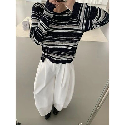 Women Striped Knit Sweater O Neck Long Sleeve Hollow Out Kni