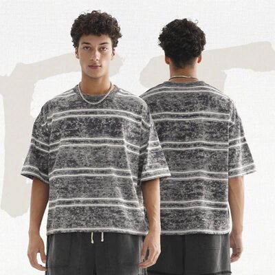 MenS Washed Striped Oversized T Shirt Crew Neck Short Sleeve
