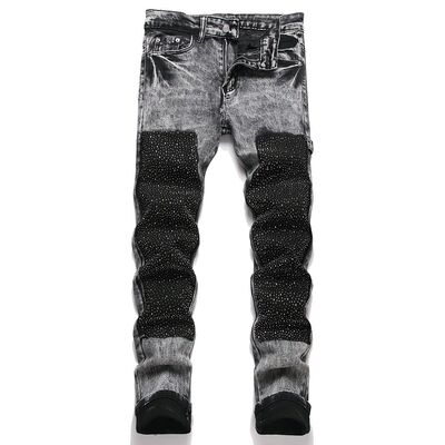Men Crystal Patch Denim Jeans Streetwear Slim Straight Pants