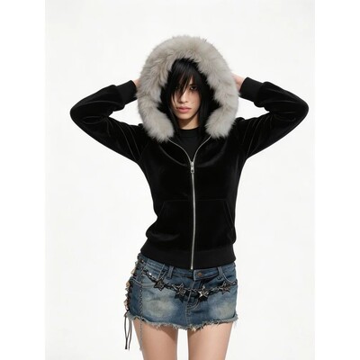 Autumn and Winter Women's Y2K GOTH Zipper Hoodie, Hairy Neck