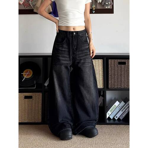 ZHIZOU Women Black Baggy Y2k Jeans American 2000s Style Boyf
