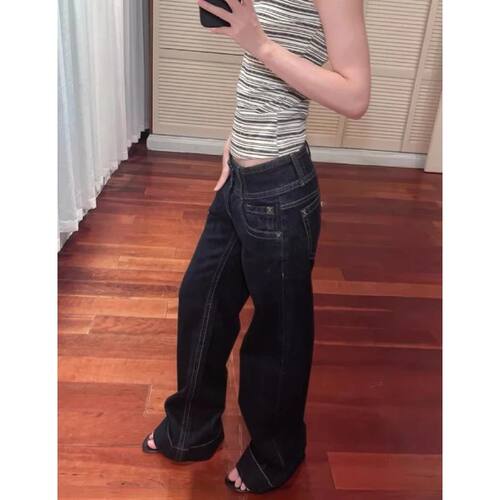 Women's American Blue Button Design Jeans Low Waist Straight