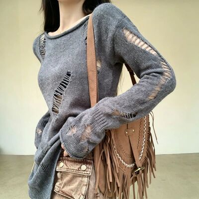 Women Distressed Knit Top Asymmetric Long Sleeve Sweater Raw