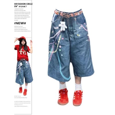 Summer Women Tomboy Korean Jorts Printing Denim Shorts Japan