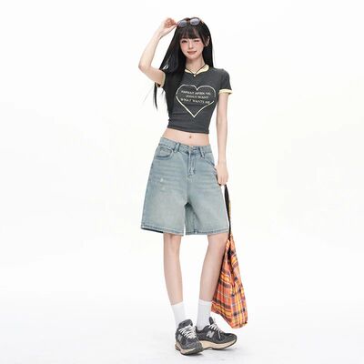Women Trendy Denim Jeans Low Waisted Stretchy Bermuda Trouse
