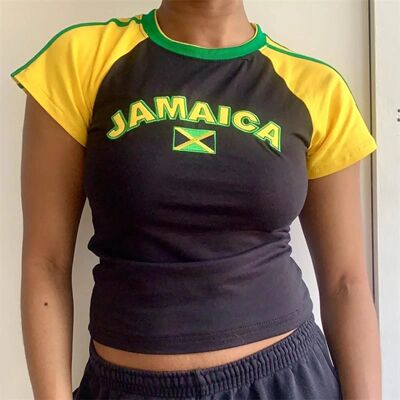 Women Aesthetic Jamaica Letter Print T-shirt Vintage Grunge