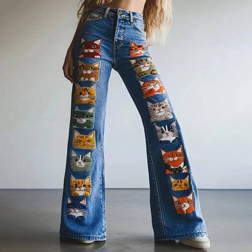 Women's Printed Flare Jeans - Figure Flattering Denim Pants,