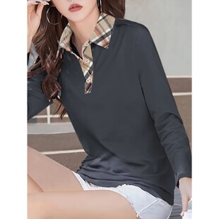 plaid solid shirt POLO collar sleeved long color Women