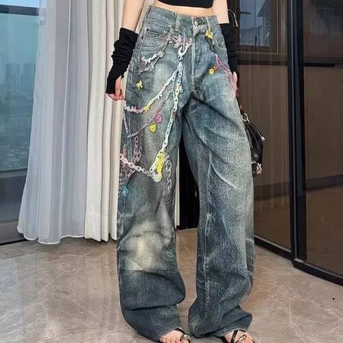 Hiphop Chain Print Jeans Women American Vintage High Street