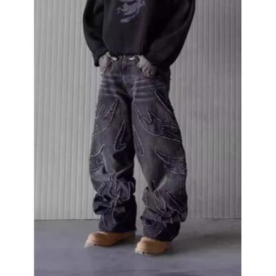 Men Denim Pants Jeans Spliced Wide Leg Pants Long Jean Patch