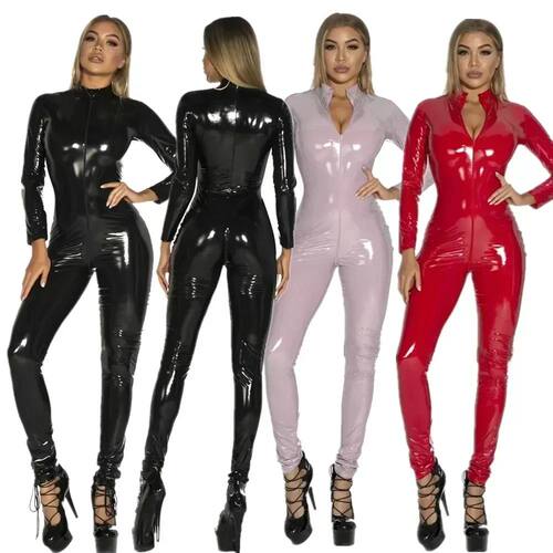 Women's Wet Look PU Leather Jumpsuit Suit Long Sleeve Zipper