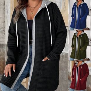 Cardigan Draw Fake Pockets with Hooded Piece Two Size Plus