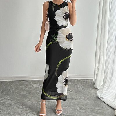 Elegant Lady Floral Printed Long Tank Dress 2025 Summer New