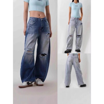 Retro Sle Women's Jeans High Waist Loose Fit Heavy Du Hole D