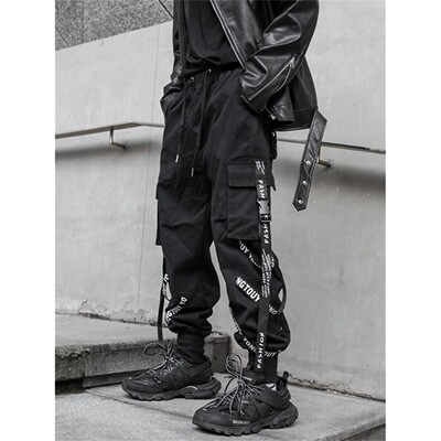 Harajuku Black Hip Hop Men Ribbons Cargo Pants Techwear Japa