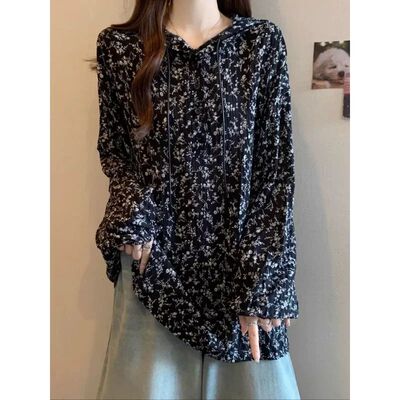 Women Vintage Floral Print Pleated Hooded Blouse Half Button