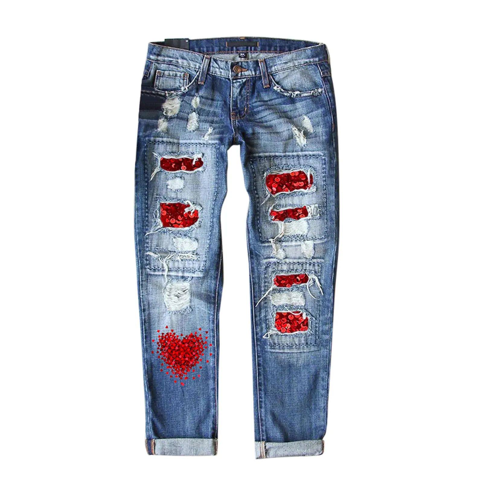 Women'S Valentine'S Love Jeans Fashion Printed Holes Casual