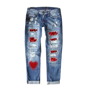 Love Jeans Fashion Women Holes Valentine Printed Casual
