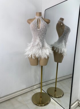 High Quality Women Sexy Halter Beading Feather Tight Bodysui